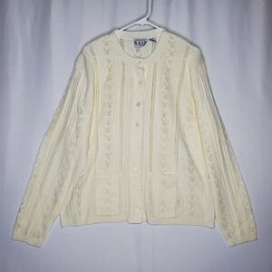 Keren Hart Cable Knit Cardigan Women 1X Cream Button Airy Feminine Grandma